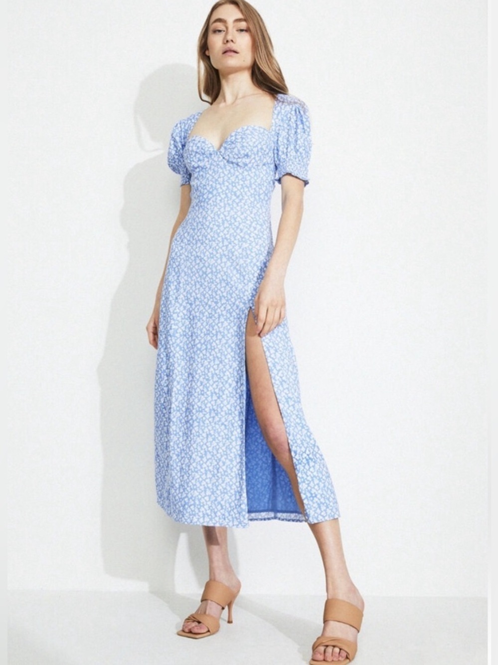 Bardot Midi Front Slit Short Puff Sleeve Day Dress in Ditsy Floral Blue Sz 12/XL